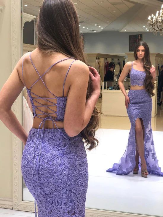 two piece lavender prom dress