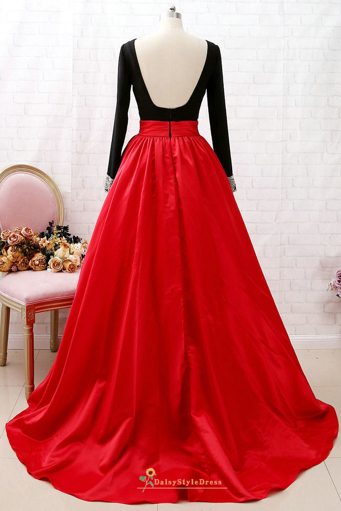 red and black long sleeve prom dress A-line Black and Red Lace Long Party Dress, Black and Red Prom Dress