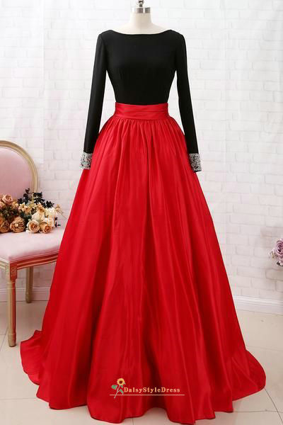 Ball Gown Long Sleeve Black and Red Prom Dress daisystyledress