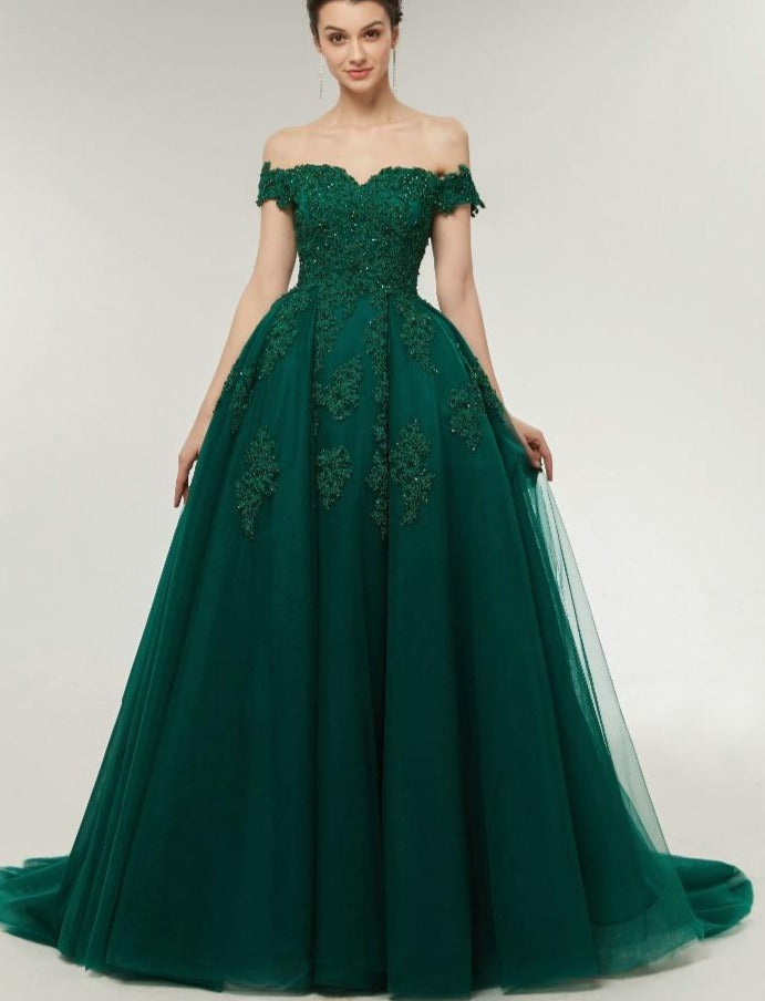Ball Gown Off Shoulder Sleeves Dark Green Prom Dress – daisystyledress