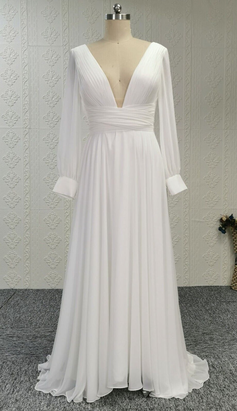 Long Sleeve V-back Boho Wedding Dress