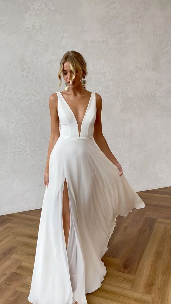 Sexy Slit Plunge Neckline Summer Wedding Dress daisystyledress