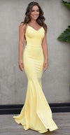 Spaghetti Straps Light Yellow Long Prom Dress - daisystyledress