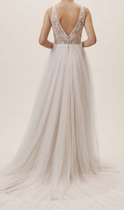champagne simple wedding dress Modest / Simple Champagne Wedding Dresses 2019 A-Line / Princess Square Neckline Short Sleeve Backless Sweep Train Ruffle