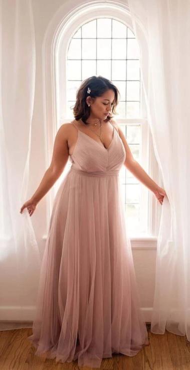 A line Spaghetti Straps Blush Plus Size Bridesmaid Dress - daisystyledress