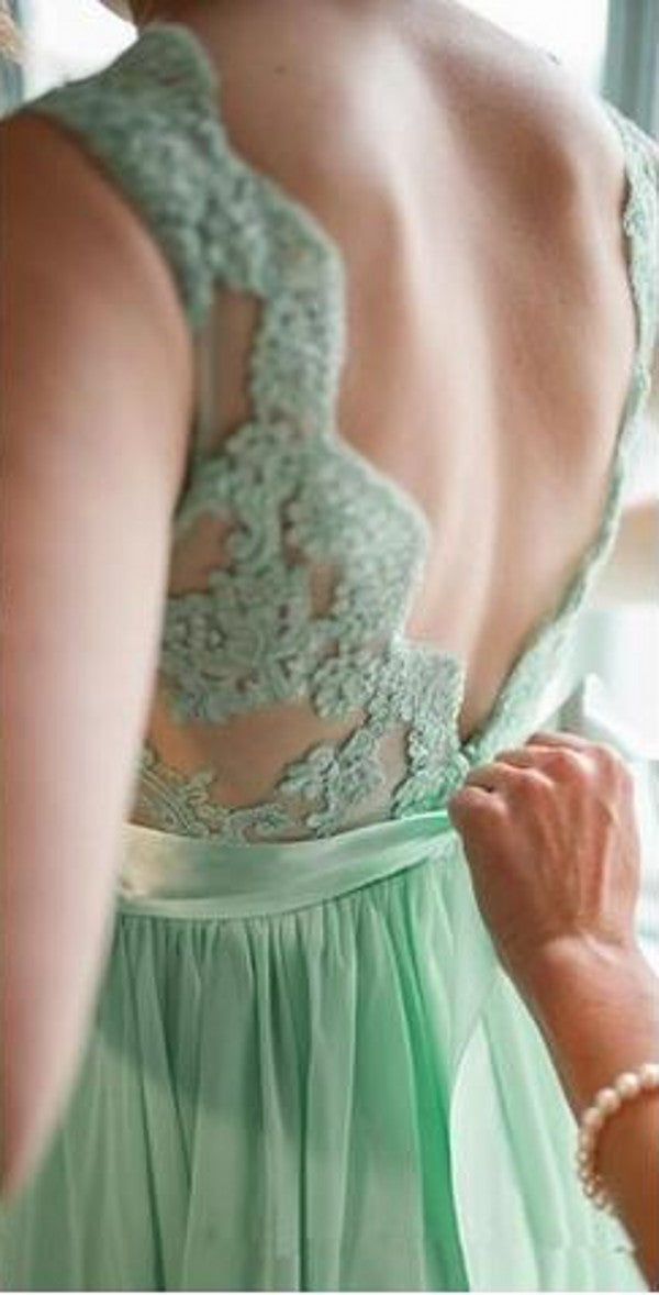 Long V-back Mint Green Lace Bridesmaid Dress - daisystyledress
