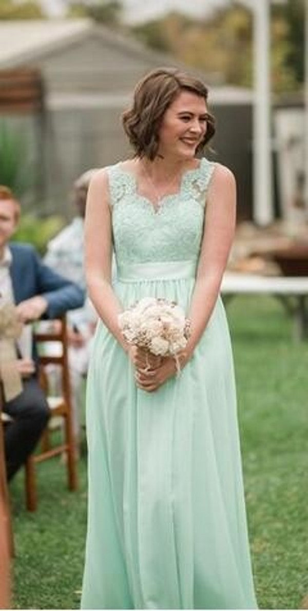 Long V-back Mint Green Lace Bridesmaid Dress
