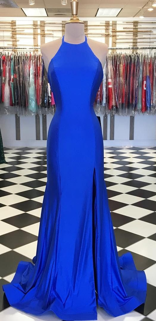 Sheath Halter Neckline Split Royal Blue Prom Dress - daisystyledress