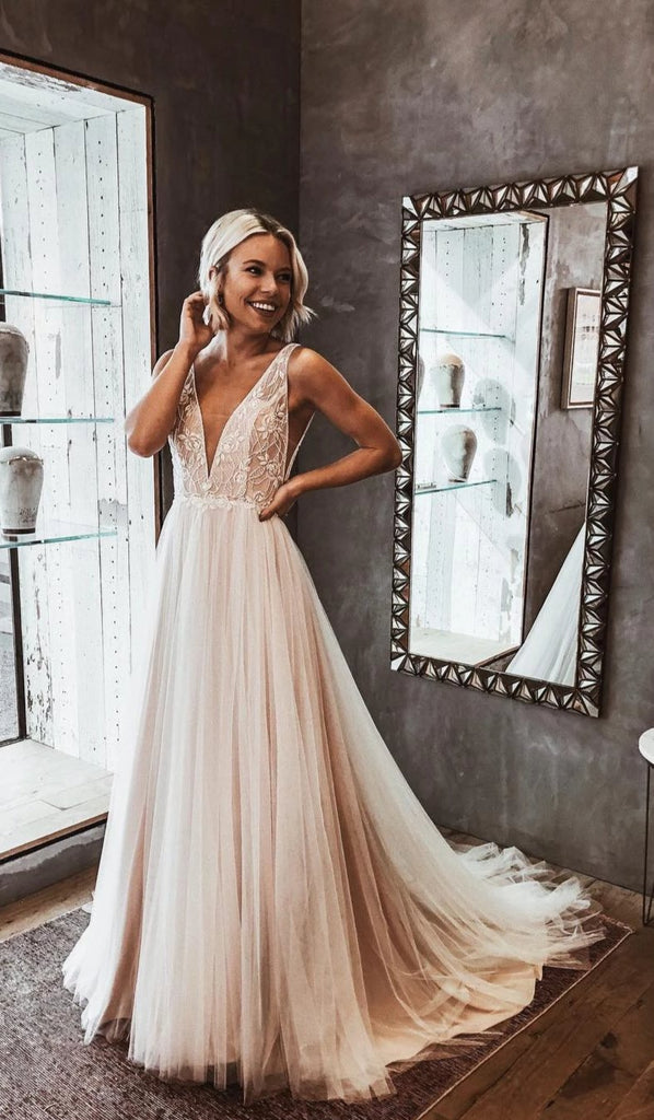 Light Champagne Lace and Tulle Boho Wedding Dress - daisystyledress