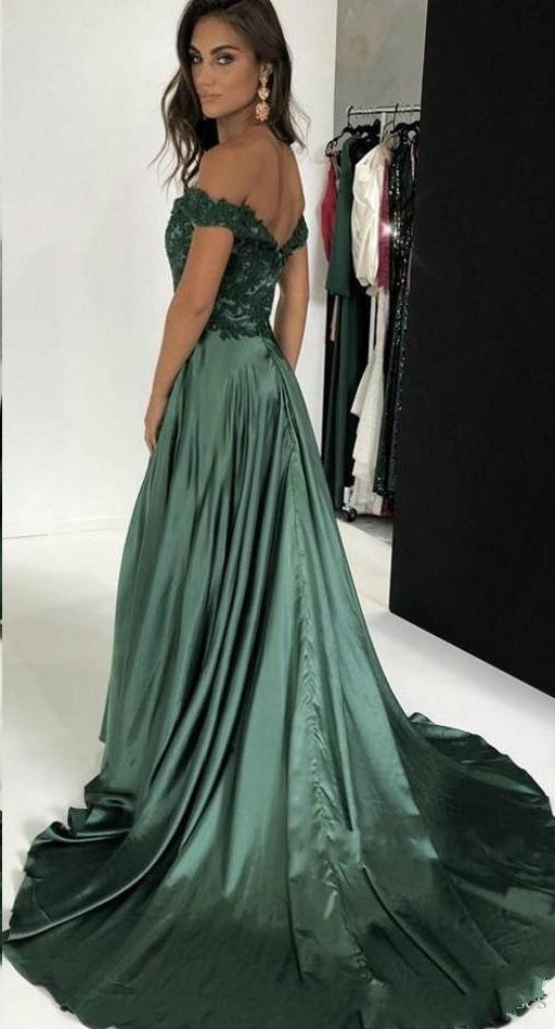 Off Shoulder Sleeve Dark Green Pageant Dress