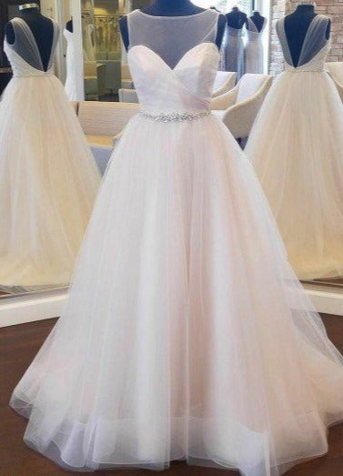 V-back Tulle Blush Wedding Dress with Beaded Band - daisystyledress