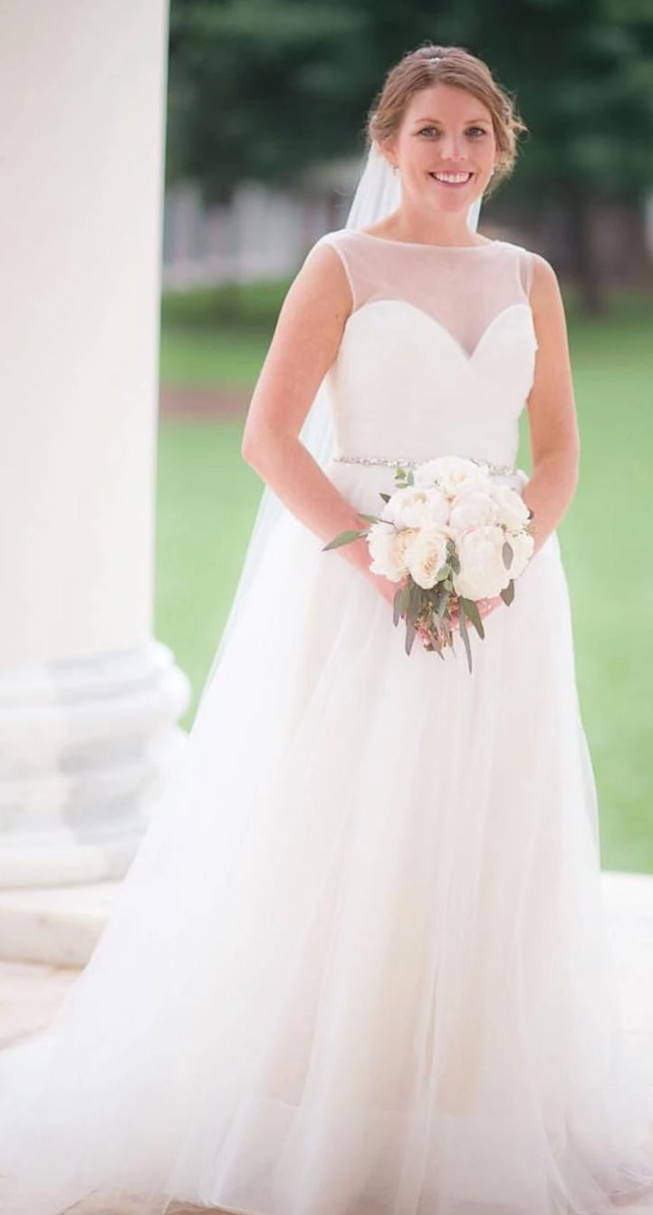 V-back Tulle Blush Wedding Dress with Beaded Band - daisystyledress