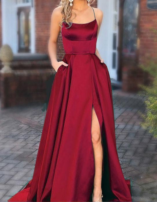 Sexy Spaghetti Straps Slit Burgundy Prom Dress - daisystyledress