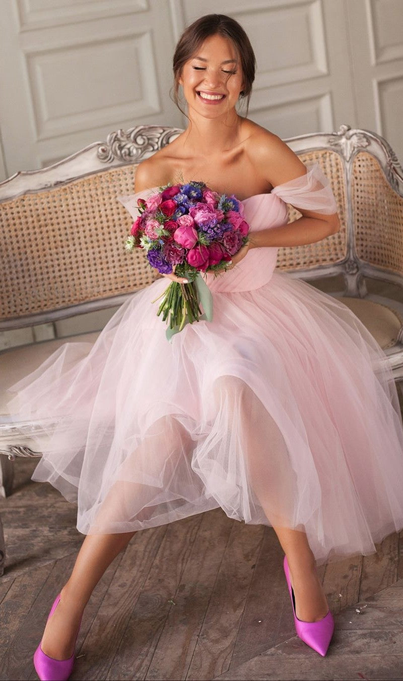 Ball Gown Tea Length Off Shoulder Vintage Bridesmaid Dress - daisystyledress