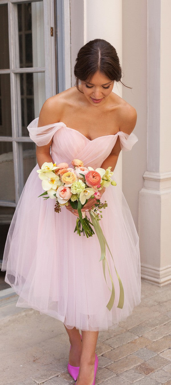 Ball Gown Tea Length Off Shoulder Vintage Bridesmaid Dress - daisystyledress