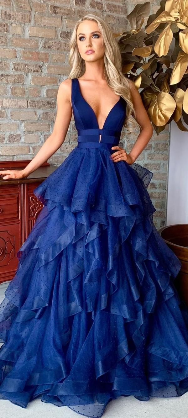 Fashion Ball Gown Navy Blue Prom Dress with Tiered Skirt - daisystyledress