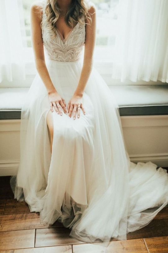 Simple Spaghetti Straps Beaded Plus Size Wedding Dress - daisystyledress