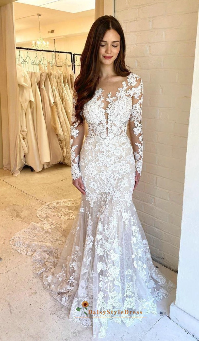 mermaid long sleeve lace wedding dress