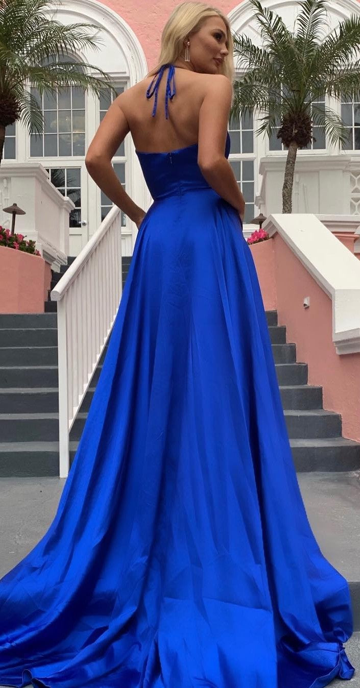 Halter Neckline Slit Royal Blue Prom Dress - daisystyledress