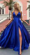 Halter Neckline Slit Royal Blue Prom Dress - daisystyledress