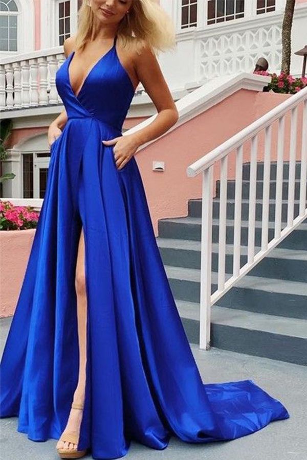 Halter Neckline Slit Royal Blue Prom Dress – daisystyledress