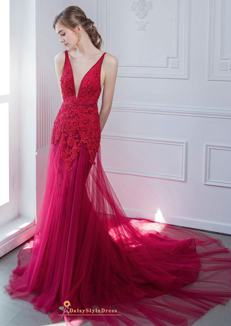 Sexy Slit Fit and Flare Red Lace Prom Dress – daisystyledress