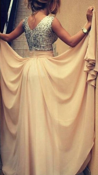 A line V-neck Sequins Champagne Prom Dress - daisystyledress