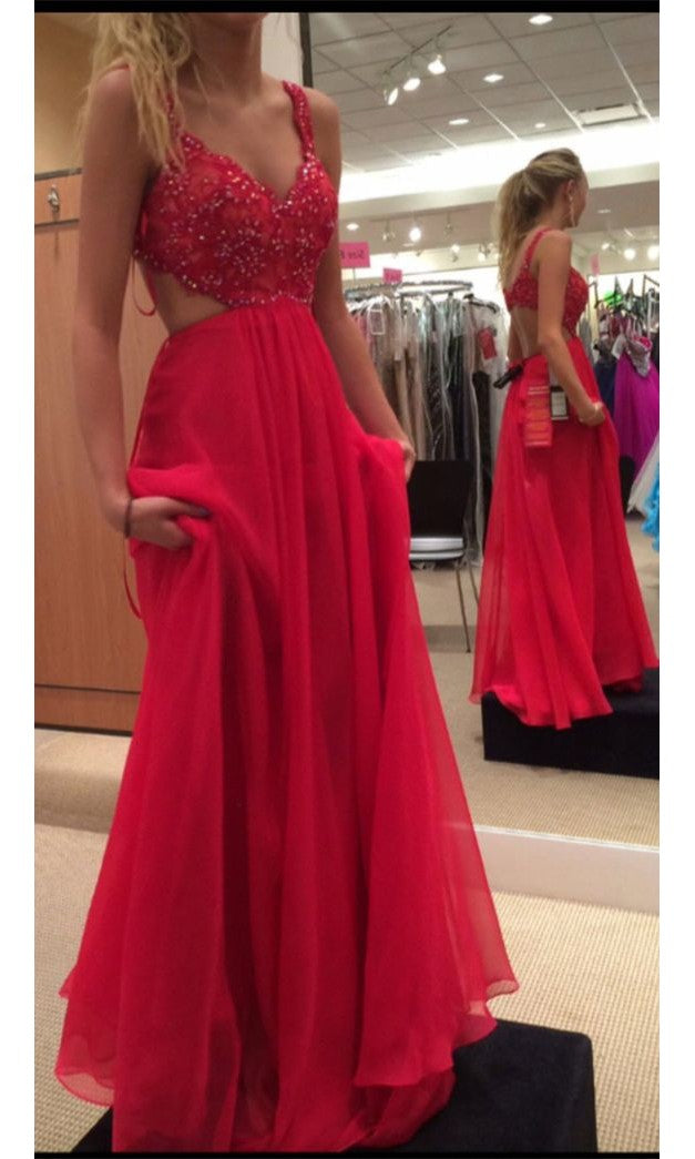 A line Sexy Open Back Red Prom Dress - daisystyledress