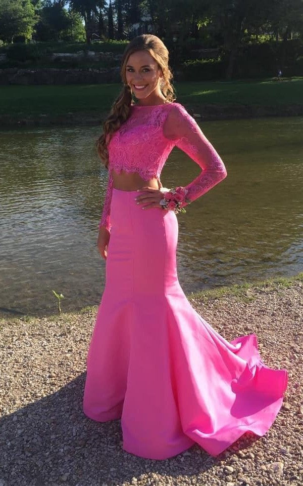 Mermaid Long Sleeve Two Piece Hot Pink Prom Dress