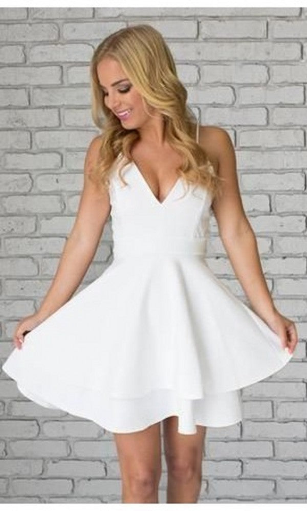 Knee Length Spaghetti Straps White Homecoming Dress - daisystyledress