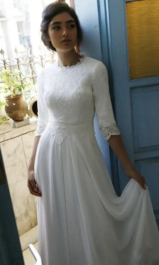 Modest Half Sleeve Lace Wedding Dress - daisystyledress