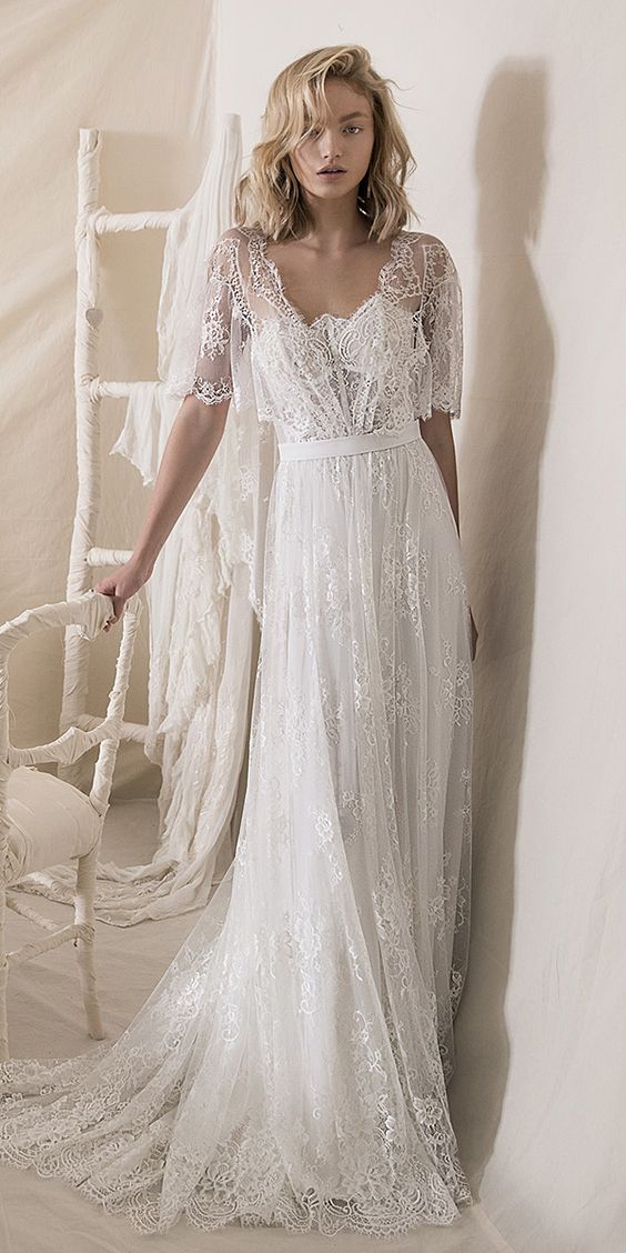 A line Half Sleeves Lace Boho Wedding Dress - daisystyledress