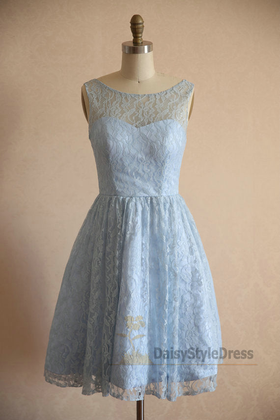 Knee Length Light Blue Vintage Lace Bridesmaid Dress – daisystyledress