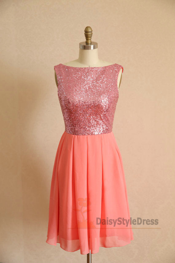 Knee Length V-back Coral Party Dress - daisystyledress