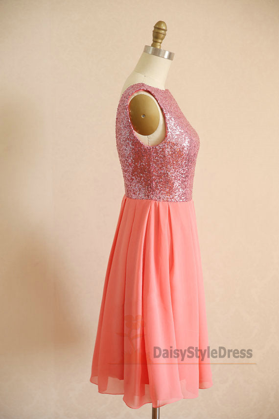 Knee Length V-back Coral Party Dress - daisystyledress