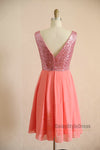 Knee Length V-back Coral Party Dress - daisystyledress