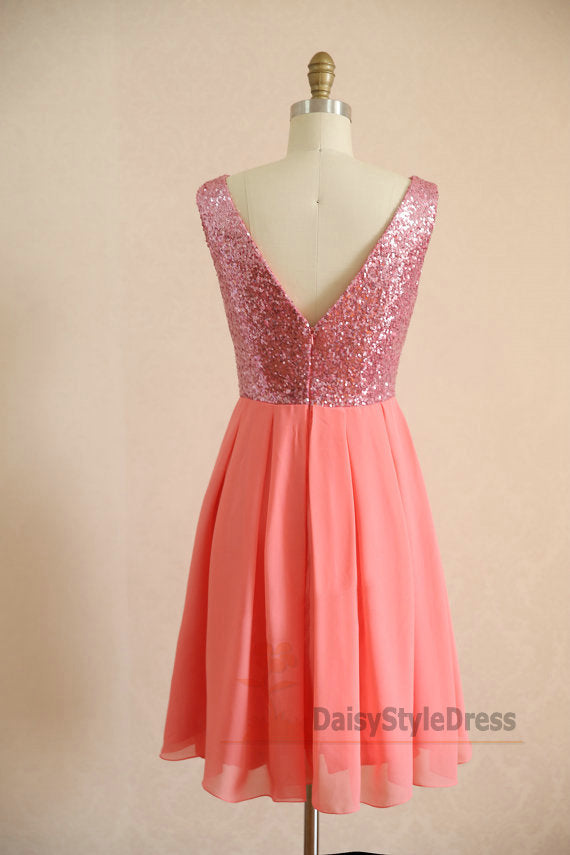 Knee Length V-back Coral Party Dress daisystyledress Knee Length V-back Coral Party Dress daisystyledress