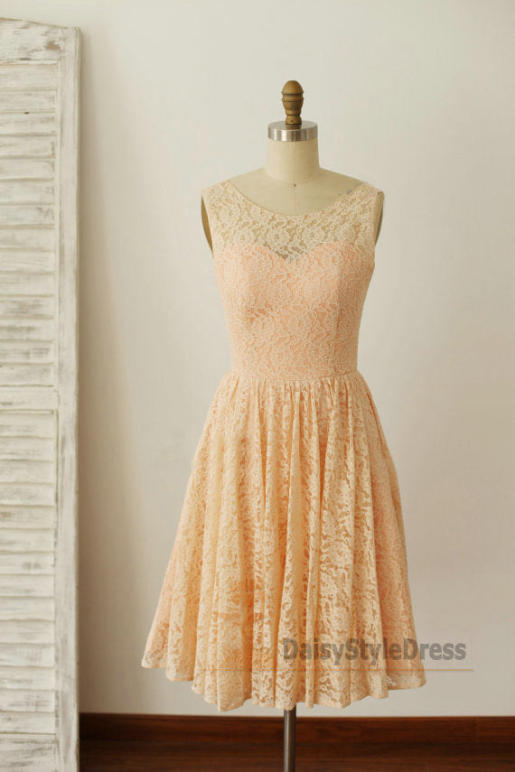 Knee Length V-back Lace Vintage Bridesmaid Dress - daisystyledress