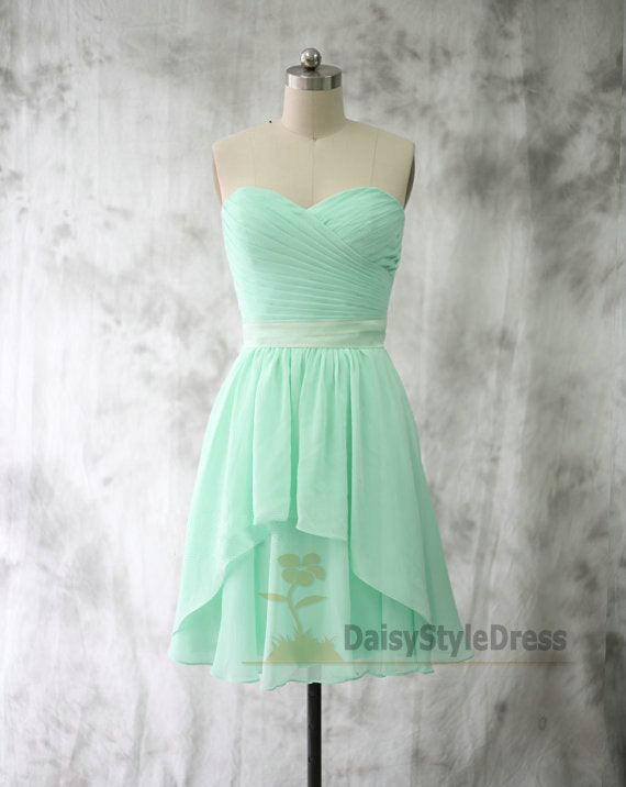 Knee Length Mint Green Bridesmaid Dress with Sash - daisystyledress