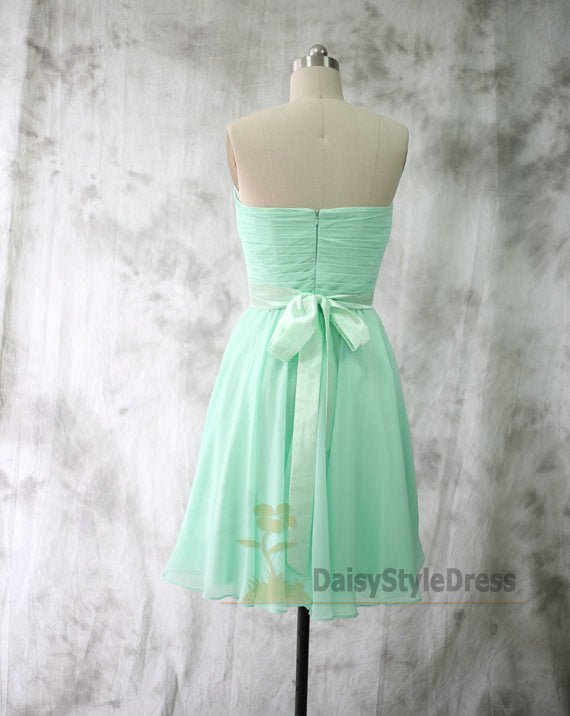 Knee Length Mint Green Bridesmaid Dress with Sash - daisystyledress