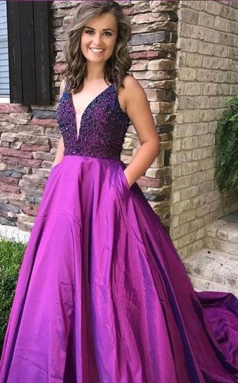 Beaded Fuchsia Prom Dress with Pocket - daisystyledress