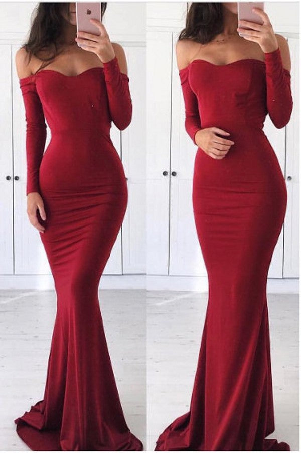 Fashion Long Sleeve Deep Red Tight Evening Dress - daisystyledress