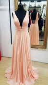 Full length V-neck Blush Pink Prom Dress - daisystyledress