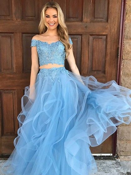 Two Pieces Light Blue Prom Dress with Tiered Skirt - daisystyledress