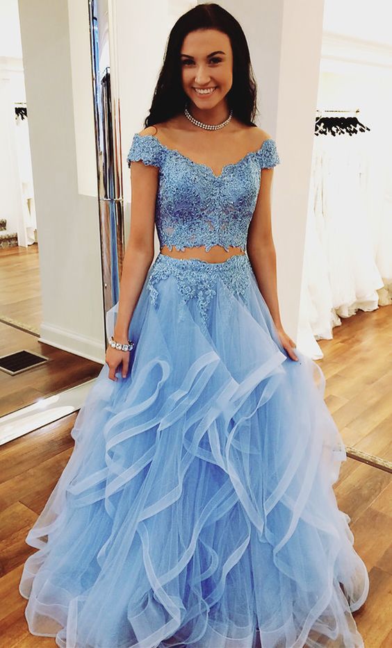Two Pieces Light Blue Prom Dress with Tiered Skirt - daisystyledress