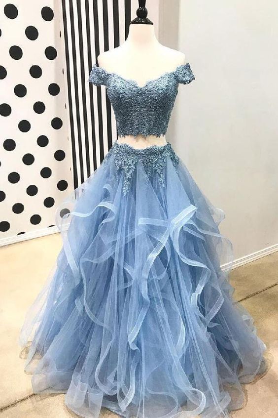 Two Pieces Light Blue Prom Dress with Tiered Skirt - daisystyledress