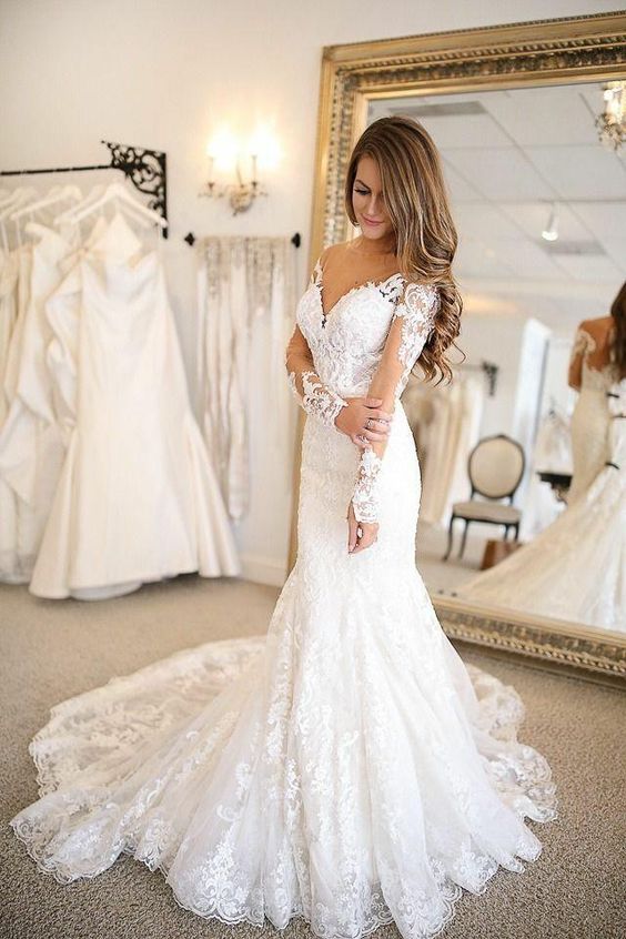 Mermaid Off Shoulder Long Sleeve Lace Wedding Dress - daisystyledress