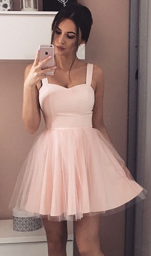 Knee Length Straps Blush Tulle Homecoming Dress - daisystyledress