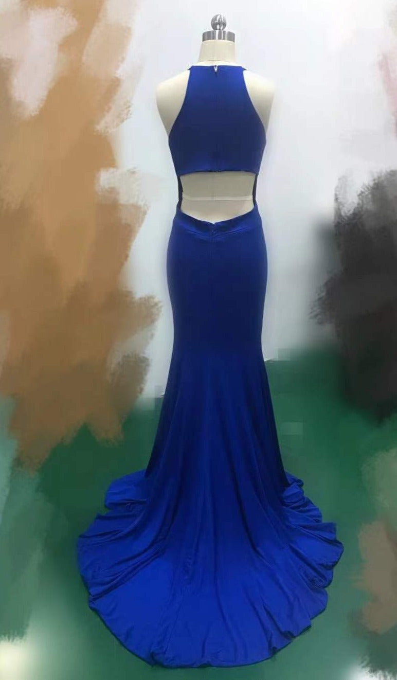 fit and flare royal blue prom dress
