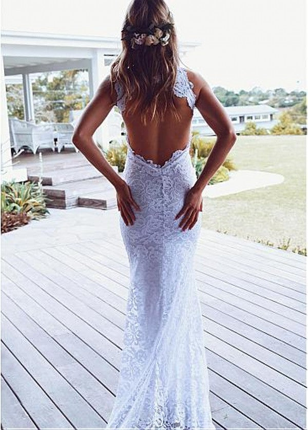 Floor length Open Back Lace Slit Wedding Dress - daisystyledress